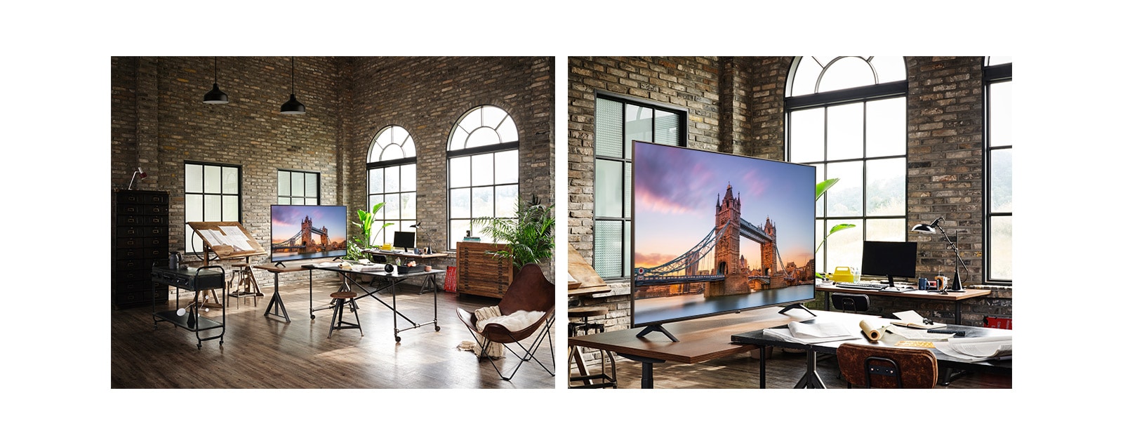 A TV displaying a picture of London Bridge is in an antique workroom. A close up of a TV displaying a picture of London Bridge is on a table in an antique workroom.