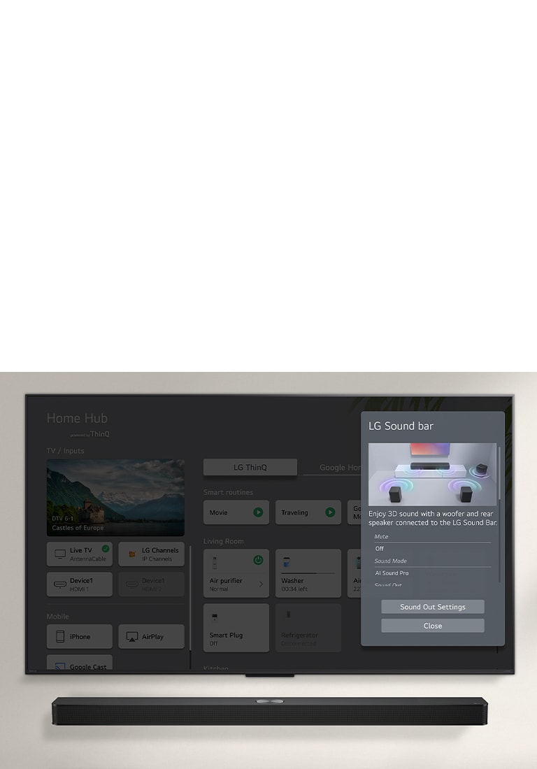 LG Soundbar is below an LG OLED TV. On the TV screen is the UI for the soundbar and TV volume controls. 