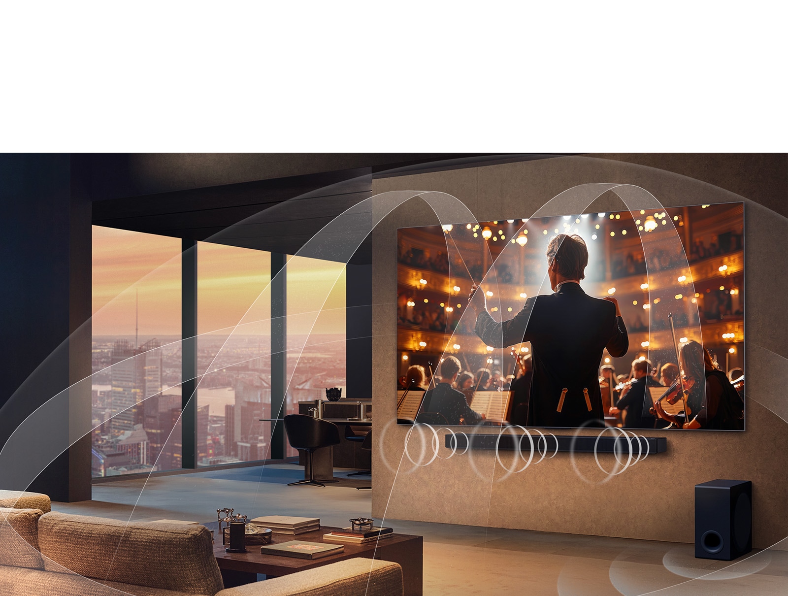 Living room with an LG OLED TV and LG Soundbar with graphics representing how both devices fill the space with multi-surround sound.