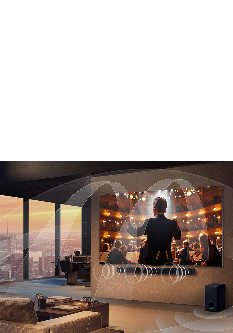 Living room with an LG OLED TV and LG Soundbar with graphics representing how both devices fill the space with multi-surround sound.