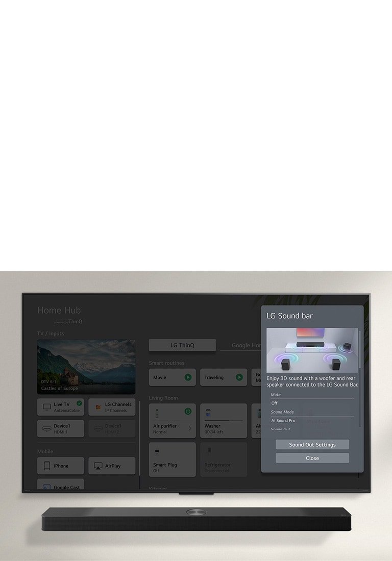 LG Soundbar is below an LG OLED TV. On the TV screen is the UI for the soundbar and TV volume controls. 