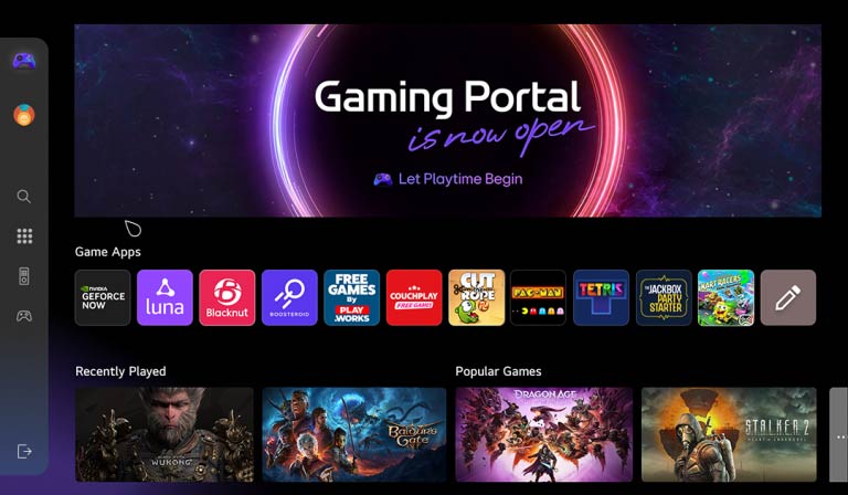 Gaming Portal home screen. Cursor moves and clicks to show many popular game titles, and the added function of being able to select games depending on the type of controller you have whether it's a game pad or the remote control. 