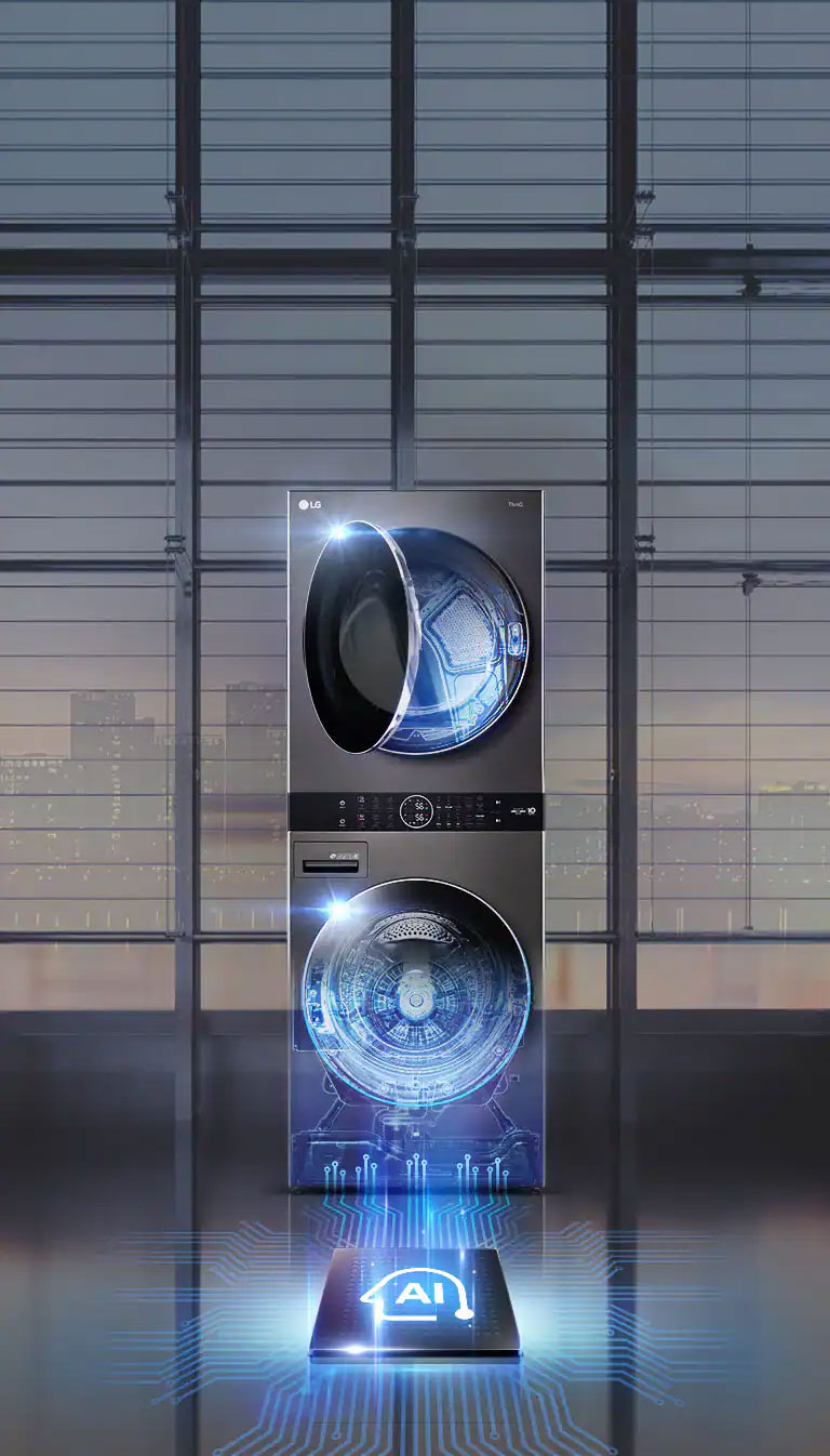 There is a Washtower in the center of the transparent glass building. There is an AI semiconductor chip on the bottom and it is connected to the Washtower.