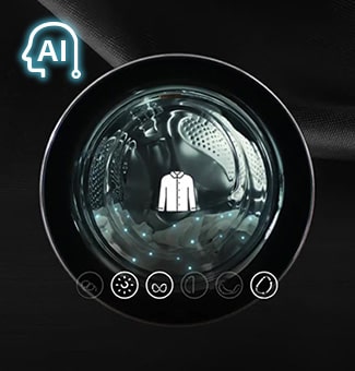There is a washing machine door. There is a laundry inside the door and a shirt icon above it.