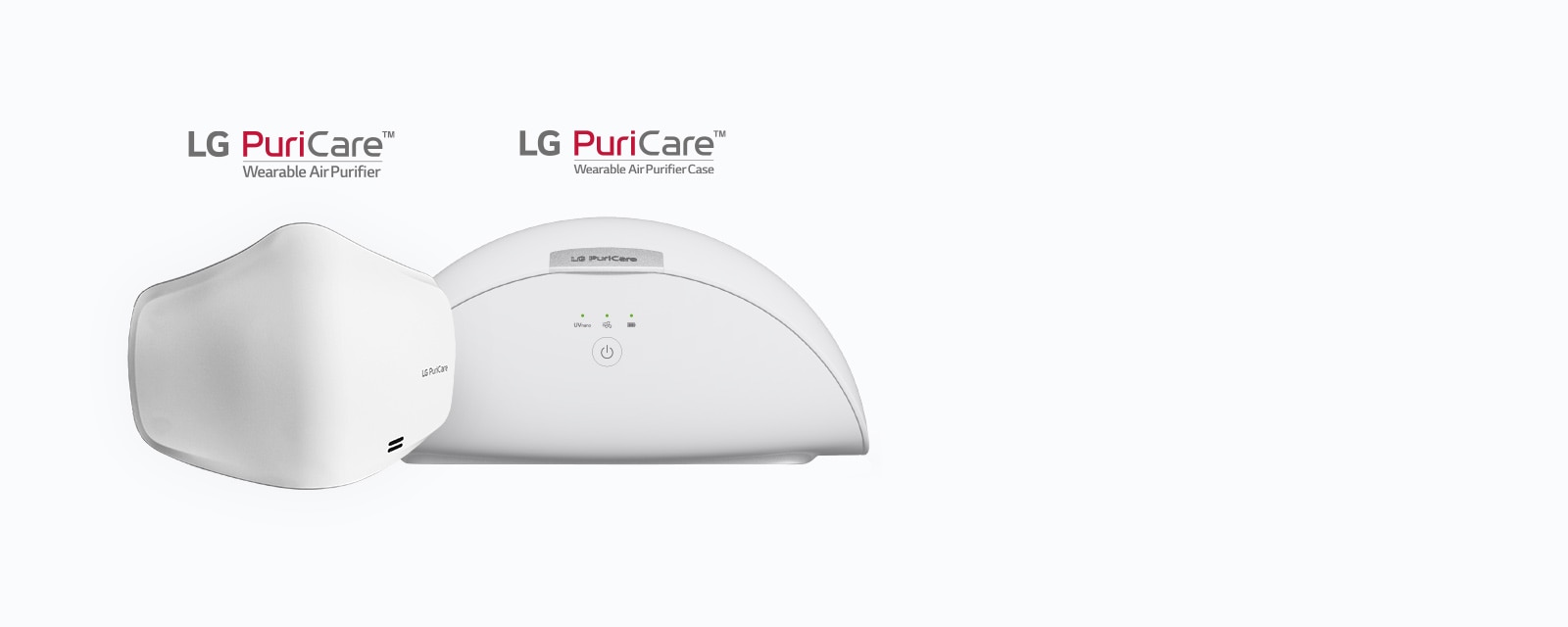 LG PuriCare™ Wearable Air Purifier and the LG PuriCare Wearable Mask Case are displayed side by side.