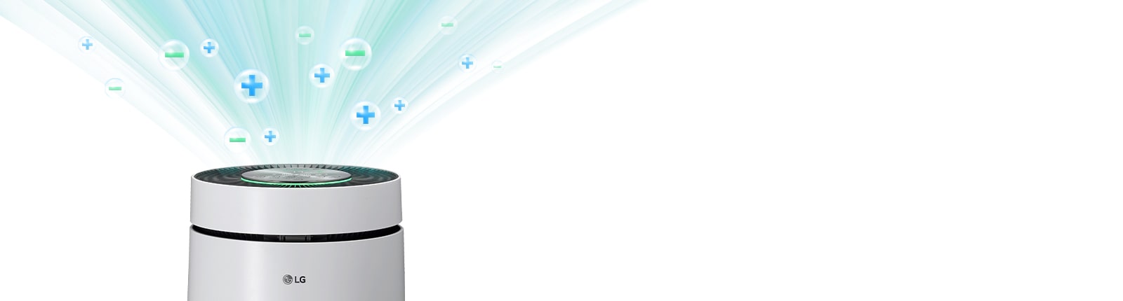 The top portion of the air purifier from the LG logo up is shown with air being released and bubbles indicating +/- ions.