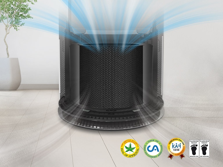 The purifier is shown with half of it showing the deodorization filter while the other half shows the safe plus filter of the machine.