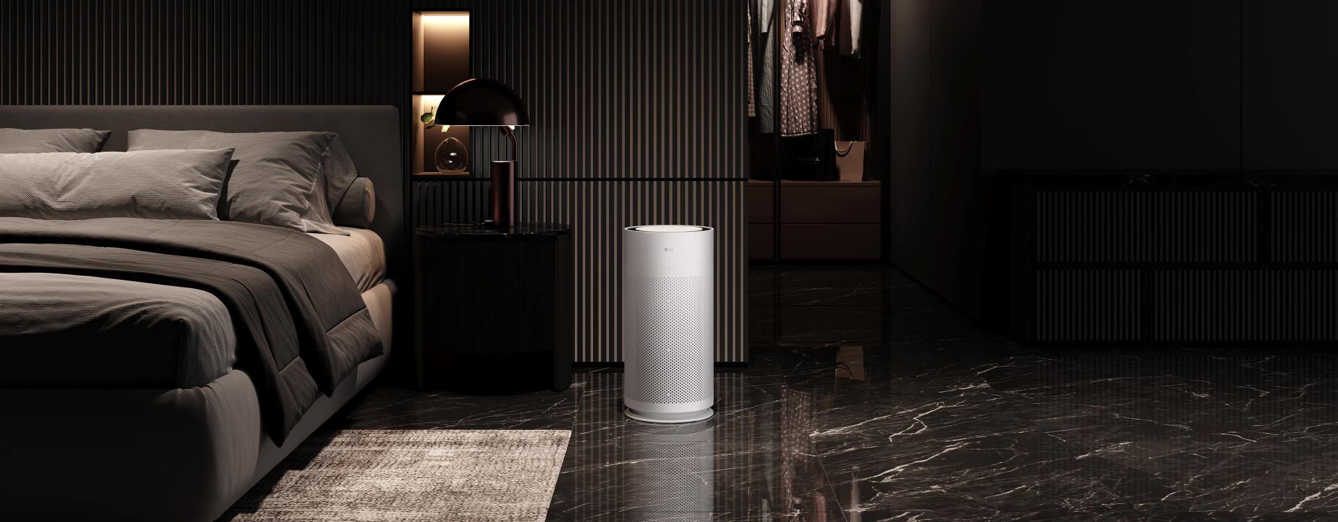 Video showcasing LG air purifier's premium design, fitting seamlessly into various spaces with refined, modern aesthetics	