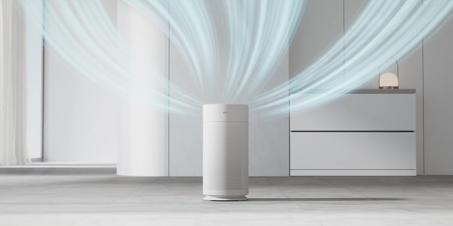 LG air purifier with 360 H Filter, capturing dust and releasing clean air in all directions	