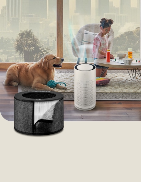 An LG air purifier with a smoke filter runs in a living room with a child and dog, while heavy smog fills the view outside.