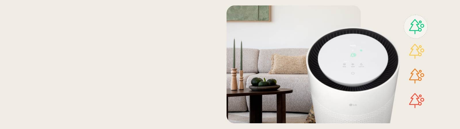 LG air purifier features an indicator light that informs users of air quality levels through color changes on the display.	