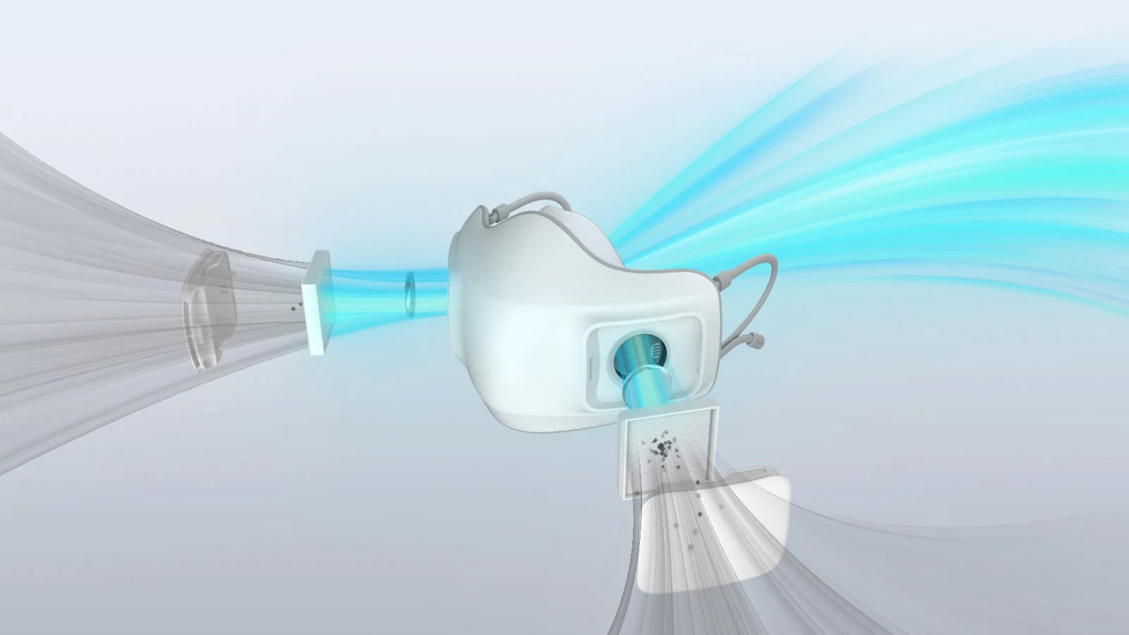 A video shows the Puricare Wearable Air Purifier from the front and then it turns to the side as the HEPA filters and then the exterior piece expand out to show how air moves through each part to filter the air so that particulates and dust are caught in the Wearable Air Purifier rather than going to the person.