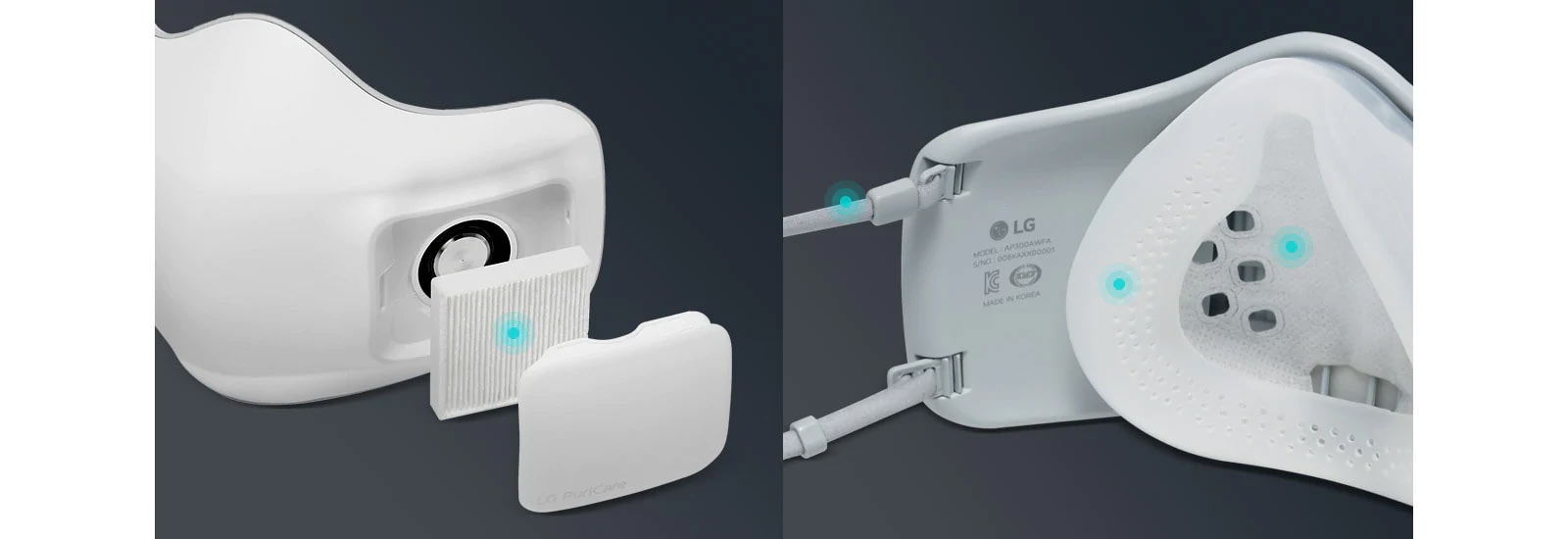 The first image shows the exterior of the face Wearable Air Purifier with the filter and cap exposed. A blue dot on the filter indicates this is disposable and can be replaced. The second image shows the interior of the Wearable Air Purifier and blue dots on the face pad and Wearable Air Purifier ear straps indicate they are washable.