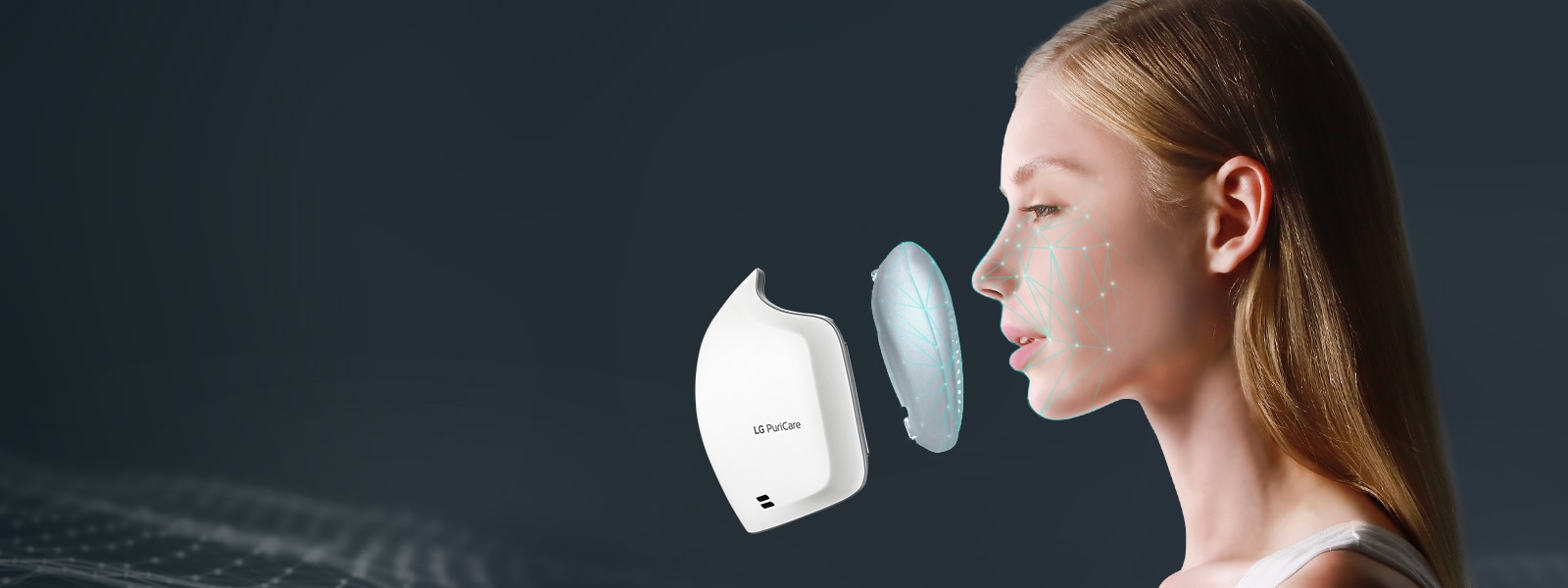 The side of a woman's face is shown with dots and lines mapped on to her face. In front of her face is the interior part of the mask and then the exterior mask indicating that it fits comfortably and seals to her face.
