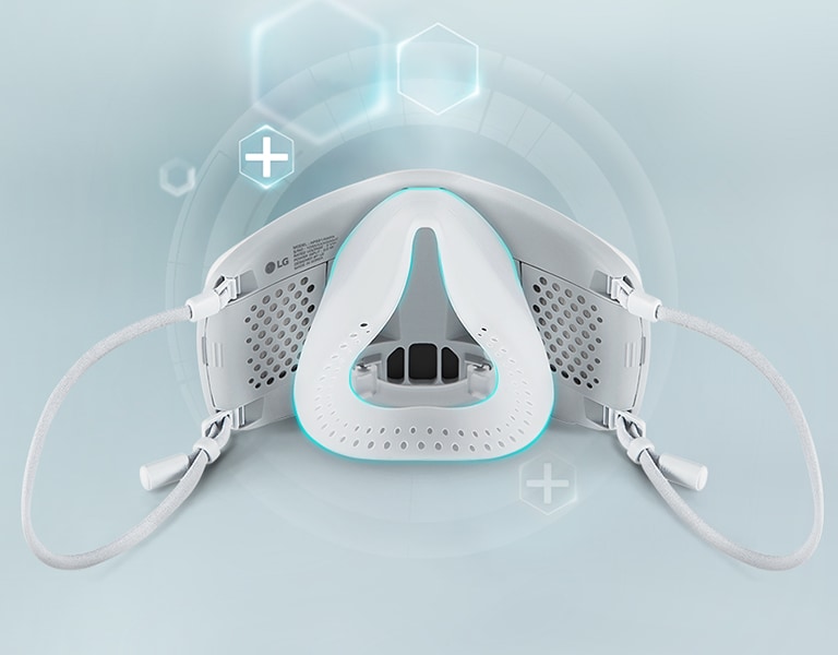 The interior of the PuriCare™ wearable air purifier is seen with a light blue line highlighting the inner cover, which is made with medical-grade silicone.