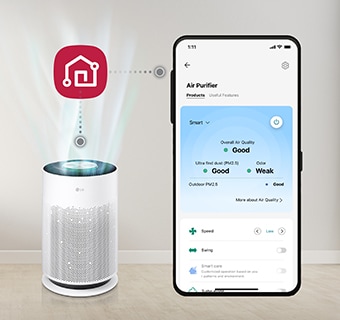 Airflow comes out of the PuriCare air purifier on the left, and the LG ThinQ logo is visible on top of it, and the LG ThinQ app screen on the right is linked to the mobile phone.