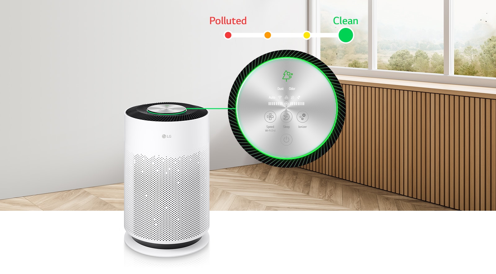 The front of the air purifier is visible, and an enlarged LED indicator is located on the right. Above the indicator, a line describing the air condition is visible. The window shows bad air, and the LED indicator shows a red light. This is a video showing the situation in which the air purifier operates, purifies the air, changes from orange to yellow and green, and the air in the house becomes clean.