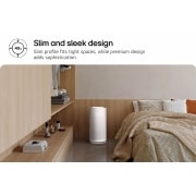 LG PuriCare™ AeroHit Air Purifier, White, 32 m² Coverage with 360° Filter, Compact white LG PuriCare™ AeroHit air purifier placed in a cozy bedroom corner beside a wooden shelf. Text reads 'Slim and sleek design: Slim profile fits tight spaces, while premium design adds soph, AS35GGW10, thumbnail 2