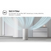 LG PuriCare™ AeroHit Air Purifier, White, 32 m² Coverage with 360° Filter, LG PuriCare air purifier in a modern room, with clean air circulating outward in all directions to showcase 360° purification. Text reads '360 H Filter: LG PuriCare™ air purifies 360° around you, in e, AS35GGW10, thumbnail 3