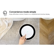 LG PuriCare™ AeroHit Air Purifier, White, 32 m² Coverage with 360° Filter, Top view of an LG PuriCare air purifier with a user’s hand interacting with the display, showing icons for settings. Text reads 'Convenience made simple: Enjoy effortless control, thanks to a simplifi, AS35GGW10, thumbnail 4