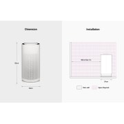 LG PuriCare™ AeroHit Air Purifier, White, 32 m² Coverage with 360° Filter, Diagram showing LG air purifier dimensions (50cm height, 24cm width) and installation guidelines requiring over 1m space from the rear wall., AS35GGW10, thumbnail 6