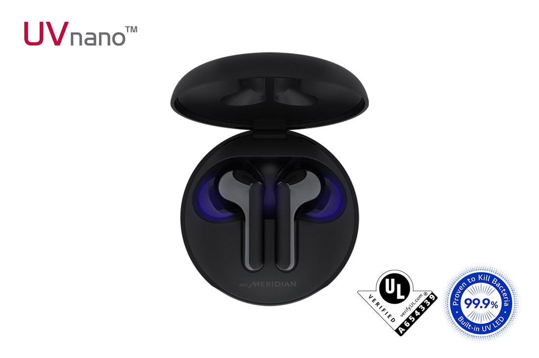 LG TONE Free FN6 True Wireless Bluetooth Earbuds with UVNano 99.9% Bacteria Free Wireless Charging Case, Wireless Headphones with Dual Microphones for Work/Home Office, IPX4 Water-Resistant, Black, A top view of a cradle opened up and two earbuds inside it with UV lighting on, HBS-FN6