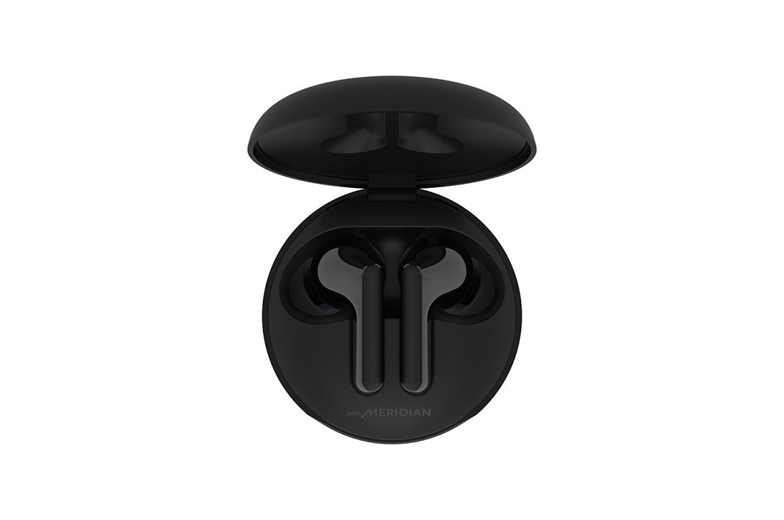 LG Tone Free FN4 True Wireless Black Earbuds, A top view of a cradle opened up and two earbuds inside it with UV lighting on, HBS-FN4