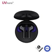 LG Tone Free FN6 True Wireless Black Earbuds, A top view of a cradle opened up and two earbuds inside it with UV lighting on, HBS-FN6, thumbnail 1