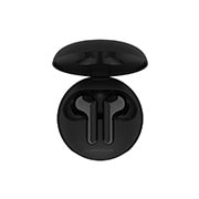 LG Tone Free FN4 True Wireless Black Earbuds, A top view of a cradle opened up and two earbuds inside it with UV lighting on, HBS-FN4, thumbnail 1