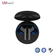 LG Tone Free FN7 True Wireless Black Earbuds, A 15 degrees angle of cradle opened up with mood lighting on, HBS-FN7, thumbnail 1