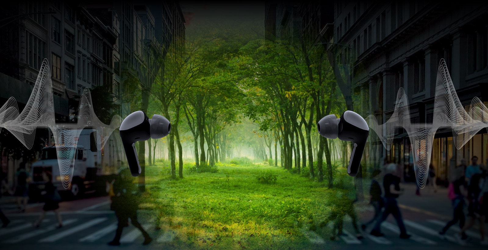 An image of two earbuds facing each other and wave illustrated behind each earbud. And it's a virtual space,there are city but forest in the middle.