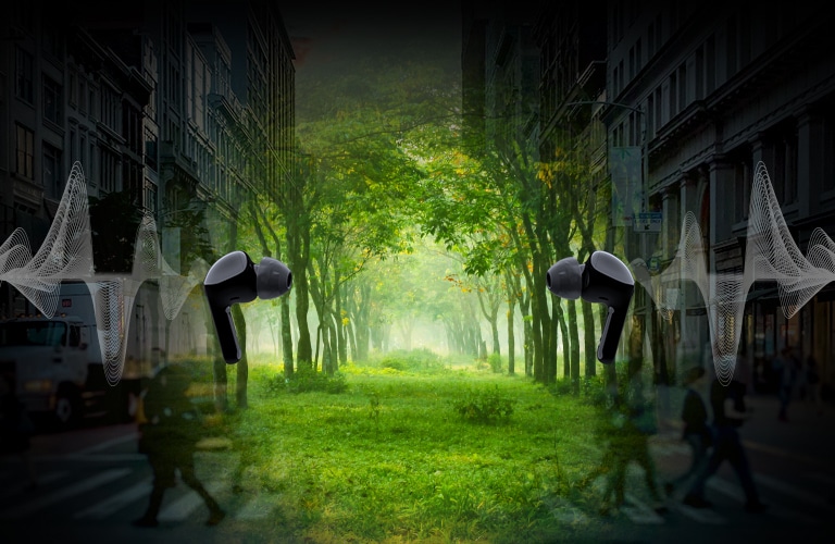 An image of two earbuds facing each other and wave illustrated behind each earbud. And it's a virtual space,there are city but forest in the middle.