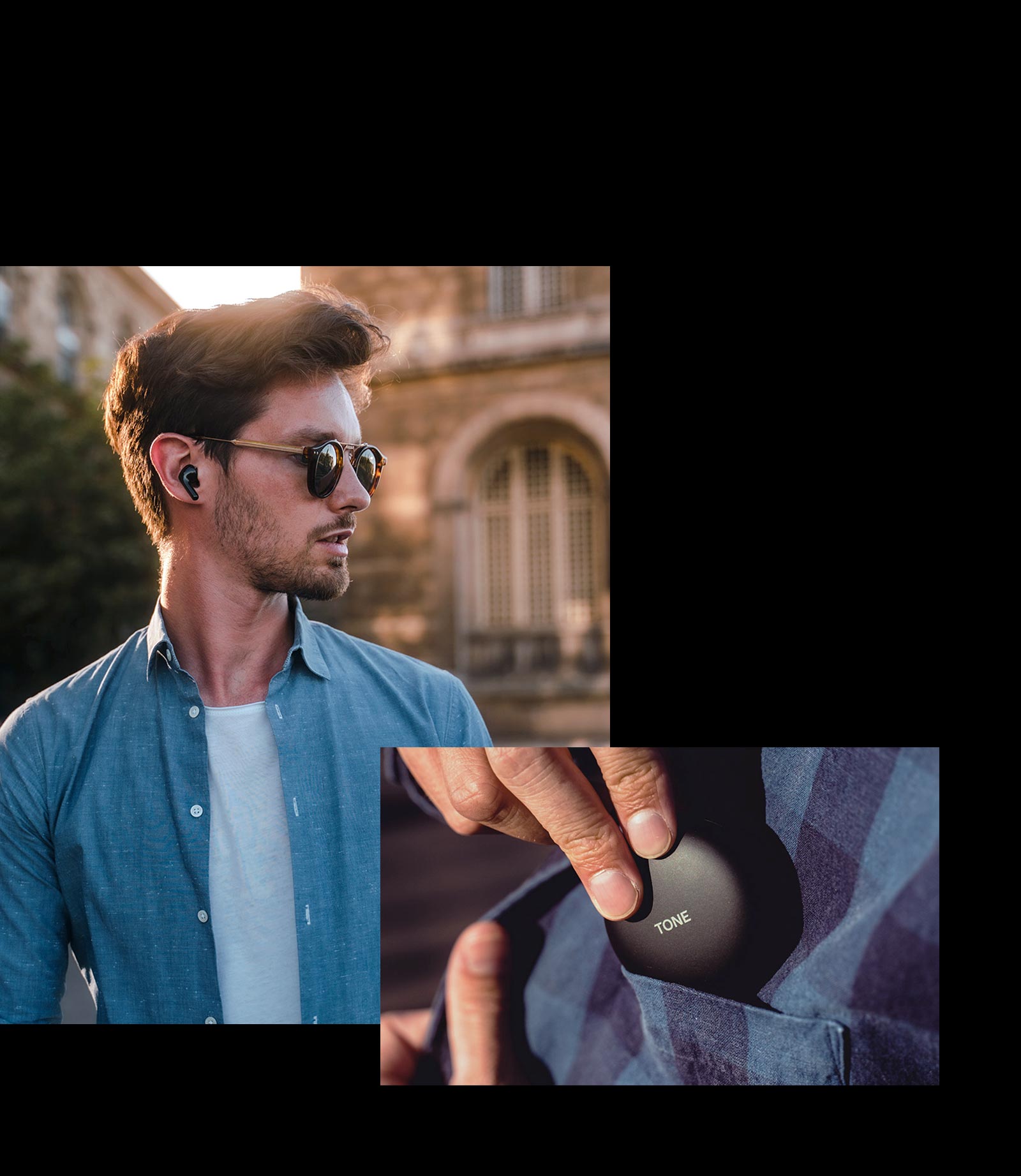 A man is wearing Tone free in his ear in the city. A woman looking at the earbuds while holding it on her hand. A woman is wearing TONE Free with her eyes closed. Close up of man's hand putting TONE Free inside the side pocket.