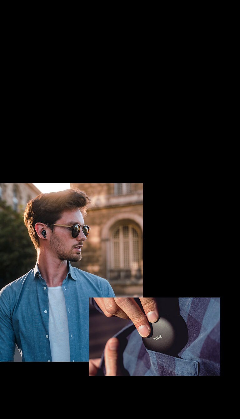 A man is wearing Tone free in his ear in the city. A woman looking at the earbuds while holding it on her hand. A woman is wearing TONE Free with her eyes closed. Close up of man's hand putting TONE Free inside the side pocket.