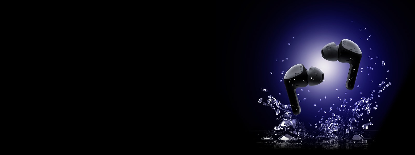 A pair of earbuds is floating on a background with water drops.