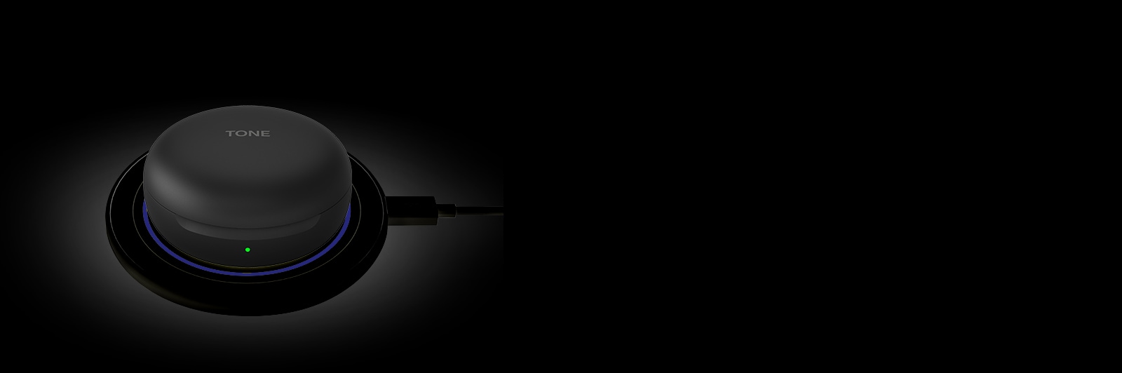 An image of a white LG TONE Free FN6 opened up charging on a white wireless charging pad.