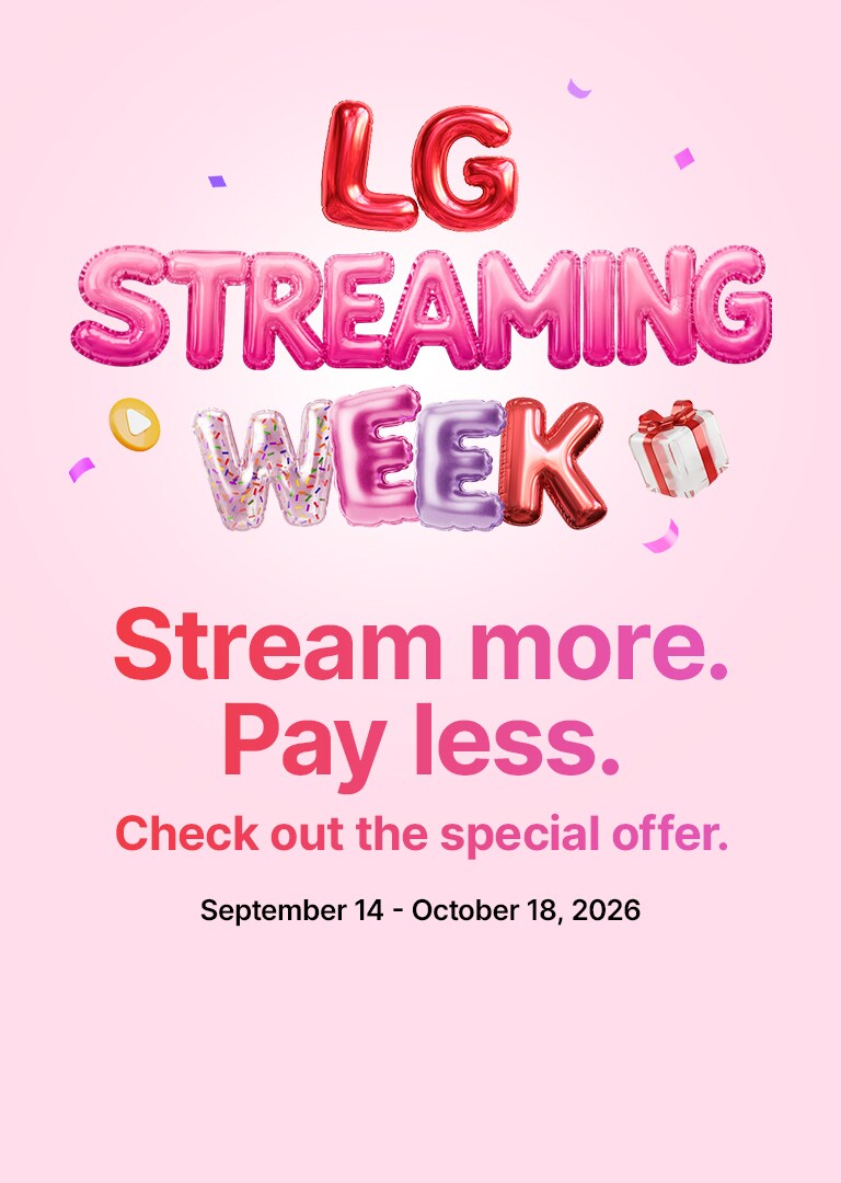 Colorful balloon-style “LG Streaming Week” lettering rises from an open pink gift box, surrounded by ribbons and confetti on a soft pink background.
