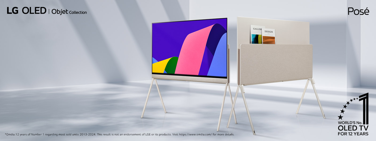 Two LG OLED Posé TVs in an elegant, minimalist space. One TV showcases the front side of the product with an artwork on its screen. The other TV showcase its backside which has a well-design storage solution. A couple of magazines can be seen in the back. World’s No. 1 OLED TV for 12 years emblem is at a corner. LG OLED Objet Collection and Posé product logos are also visible.