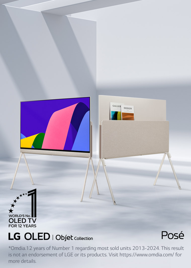 Two LG OLED Posé TVs in an elegant, minimalist space. One TV showcases the front side of the product with an artwork on its screen. The other TV showcase its backside which has a well-design storage solution. A couple of magazines can be seen in the back. World’s No. 1 OLED TV for 12 years emblem is at a corner. LG OLED Objet Collection and Posé product logos are also visible.