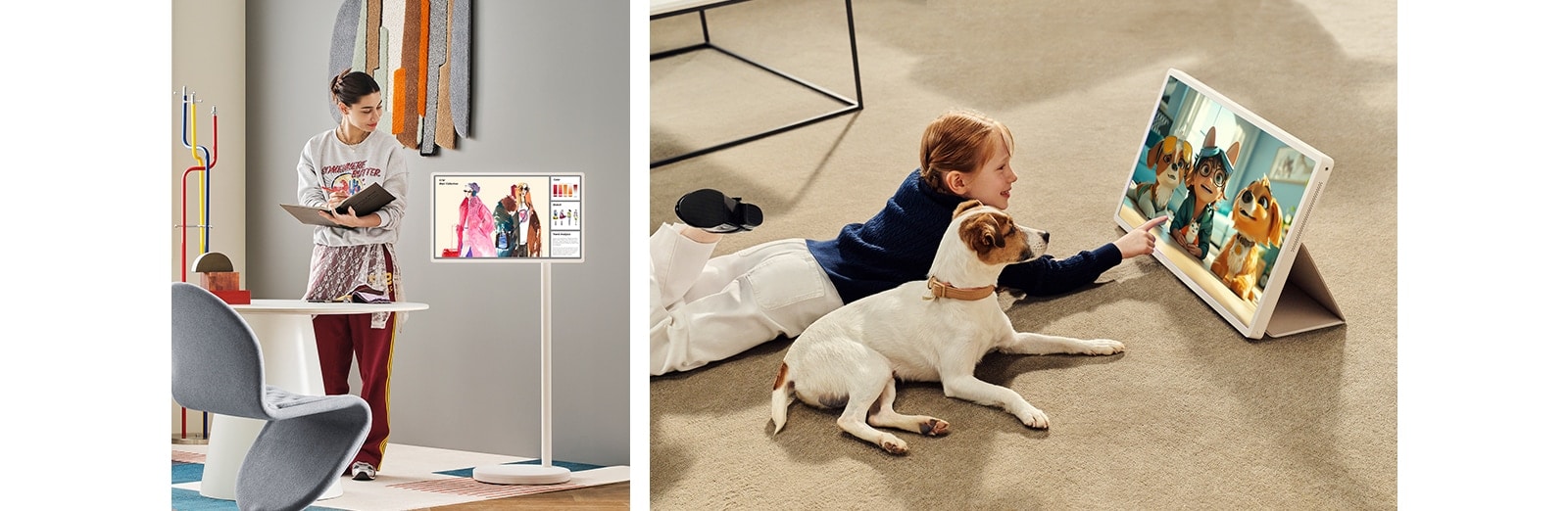 Two different scenes in different homes. In one, a woman is looking at some fashion art boards while writing in her notebook. In the other, a girl accompanied by her dog is watching a show on the LG StanbyME 2.