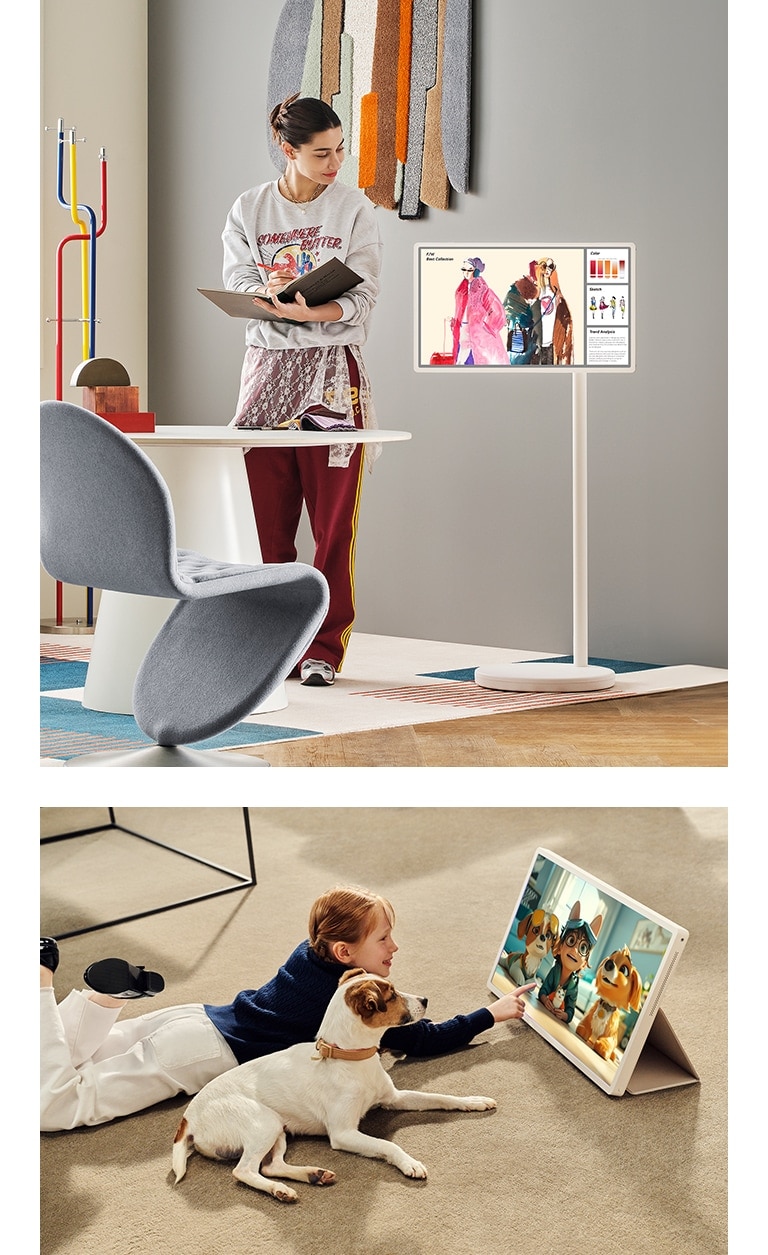 Two different scenes in different homes. In one, a woman is looking at some fashion art boards while writing in her notebook. In the other, a girl accompanied by her dog is watching a show on the LG StanbyME 2.