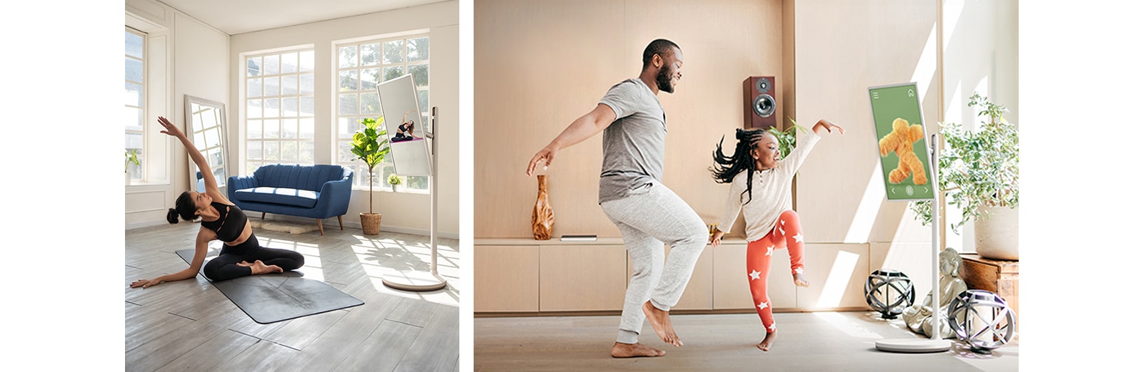 Two different scenes in different homes. In one, LG StanbyME is on a stand and a father and daughter seem to be dancing along to the choreography of a kid's show that's playing on the screen. In the other, a woman is exercising, following a yoga video on the LG StanbyME on a stand.