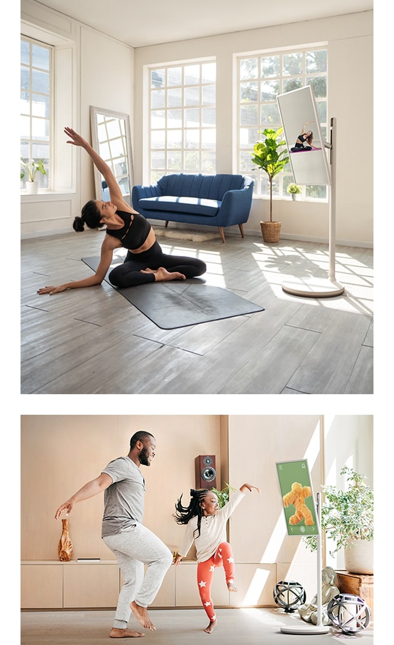 Two different scenes in different homes. In one, LG StanbyME is on a stand and a father and daughter seem to be dancing along to the choreography of a kid's show that's playing on the screen. In the other, a woman is exercising, following a yoga video on the LG StanbyME on a stand.