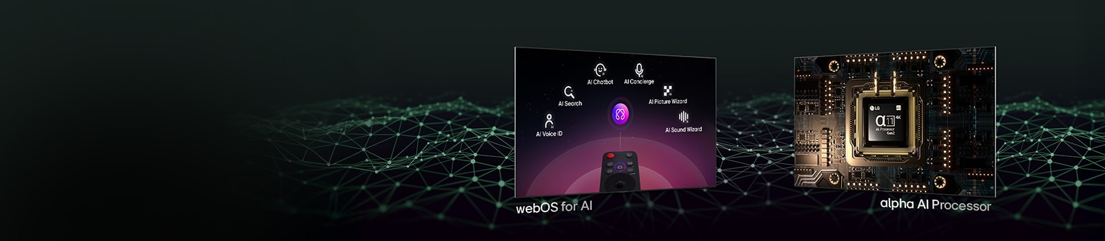 Two different screens showing different features. One screen shows the LG AI Magic Remote with text below that reads webOS for AI. Another screen shows the alpha 11 AI Processor Gen2 lit up with text below that reads alpha AI Processor.