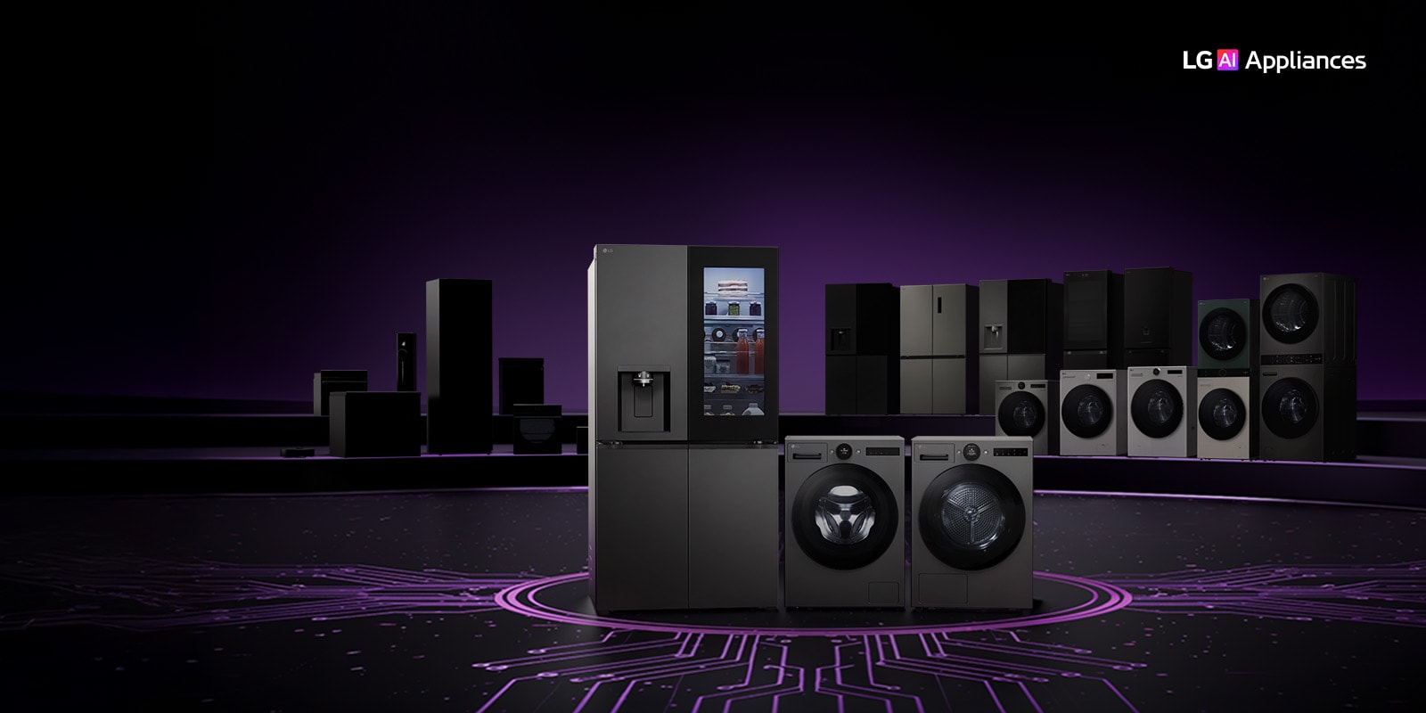 Lineup of LG home appliances including refrigerators, washing machines, dryers, and kitchen appliances displayed on a dark stage with a circuit board pattern floor.