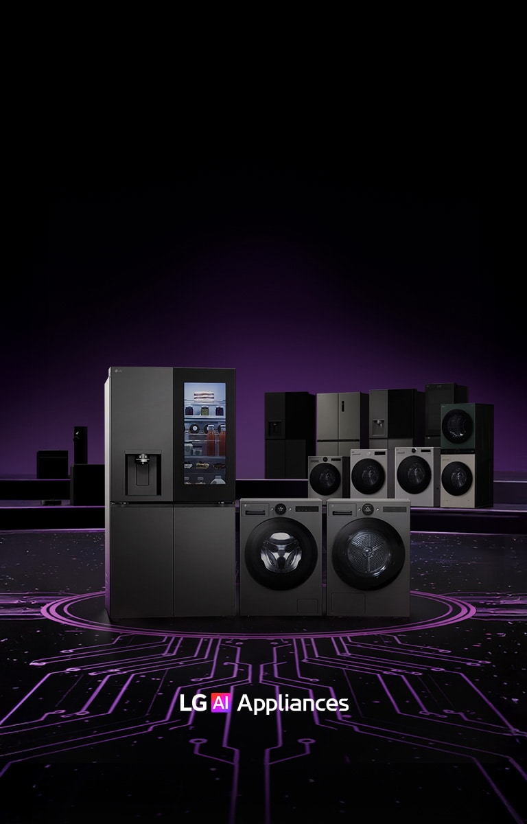 Lineup of LG home appliances including refrigerators, washing machines, dryers, and kitchen appliances displayed on a dark stage with a circuit board pattern floor.