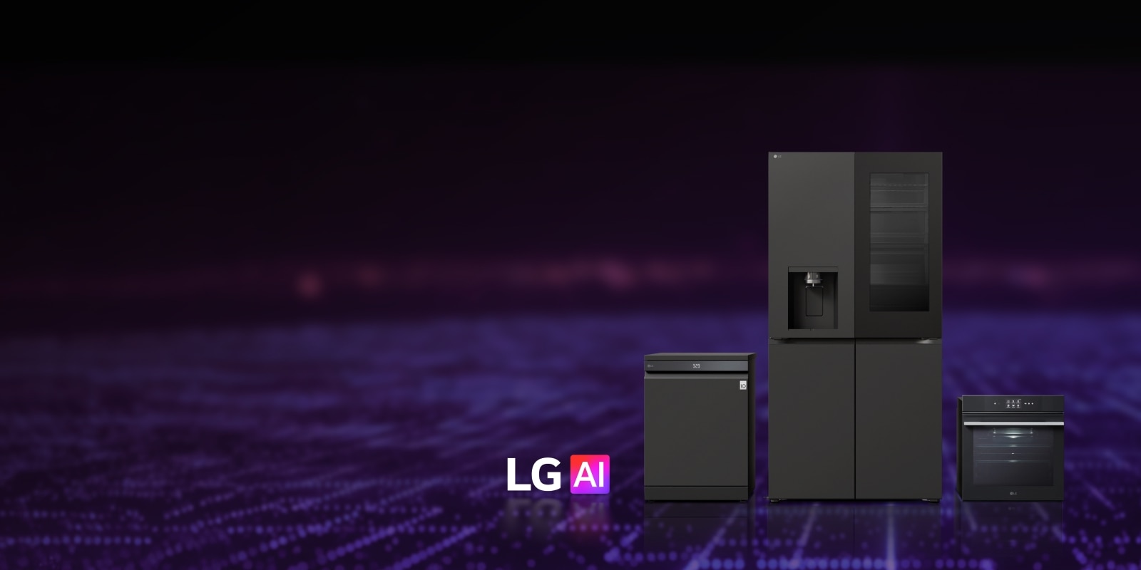 Front view of three black LG AI kitchen appliances—a dishwasher, a refrigerator with water dispenser, and a wall-mounted built-in oven—set against a digital AI-themed background, with 'LG AI' logo.