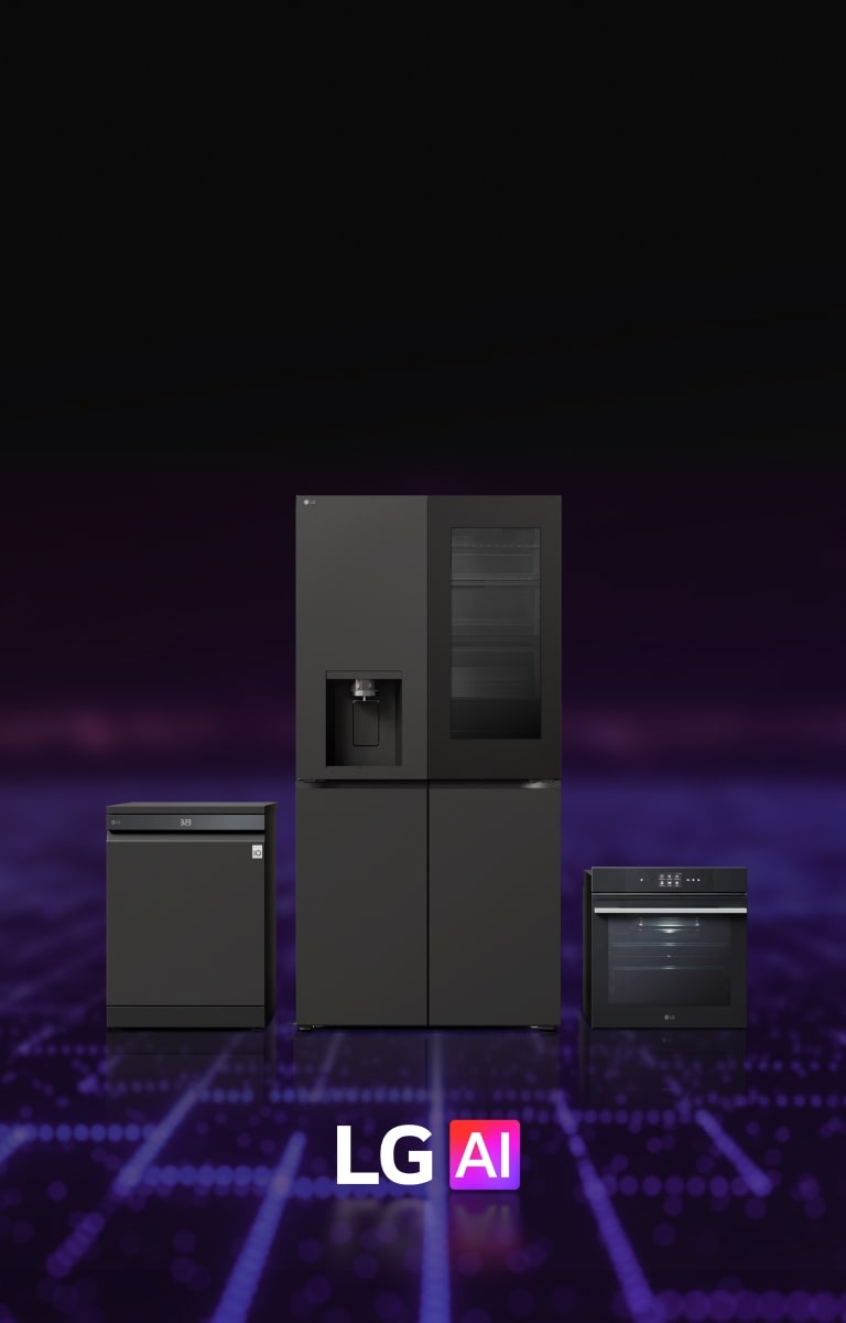Front view of three black LG AI kitchen appliances—a dishwasher, a refrigerator with water dispenser, and a wall-mounted built-in oven—set against a digital AI-themed background, with 'LG AI' logo.