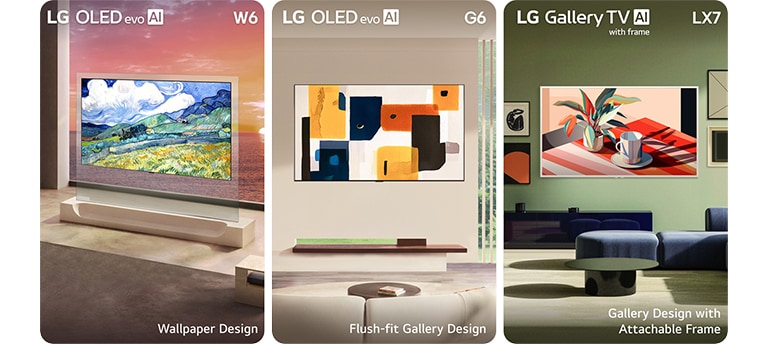 LG Lifestyle Screen lineup showcases LG OLED evo AI W6 Wallpaper TV, LG OLED evo AI G6, and LG Gallery TV with frame LX7 ART TV, each featuring Wallpaper Design, Flush-fit Gallery Design, and Gallery Design with Attachable Frame across distinct interior settings.