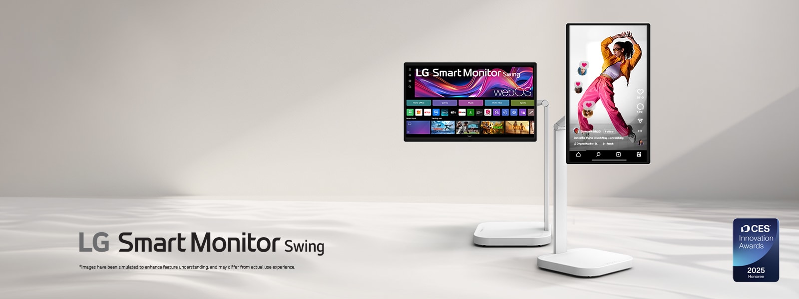 Two LG Smart Monitor Swing displays are shown in a minimalist space. One screen is positioned horizontally displaying the webOS interface, while the other is vertically oriented showing a lifestyle image. The CES Innovation Awards 2025 emblem is visible in the corner alongside the LG Smart Monitor Swing branding.